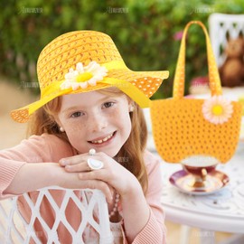 AUEAR, 3 Set Straw Hat and Purse Tea Summer Beach Sunflower Daisy Flower Sunhats Blue Yellow Pink