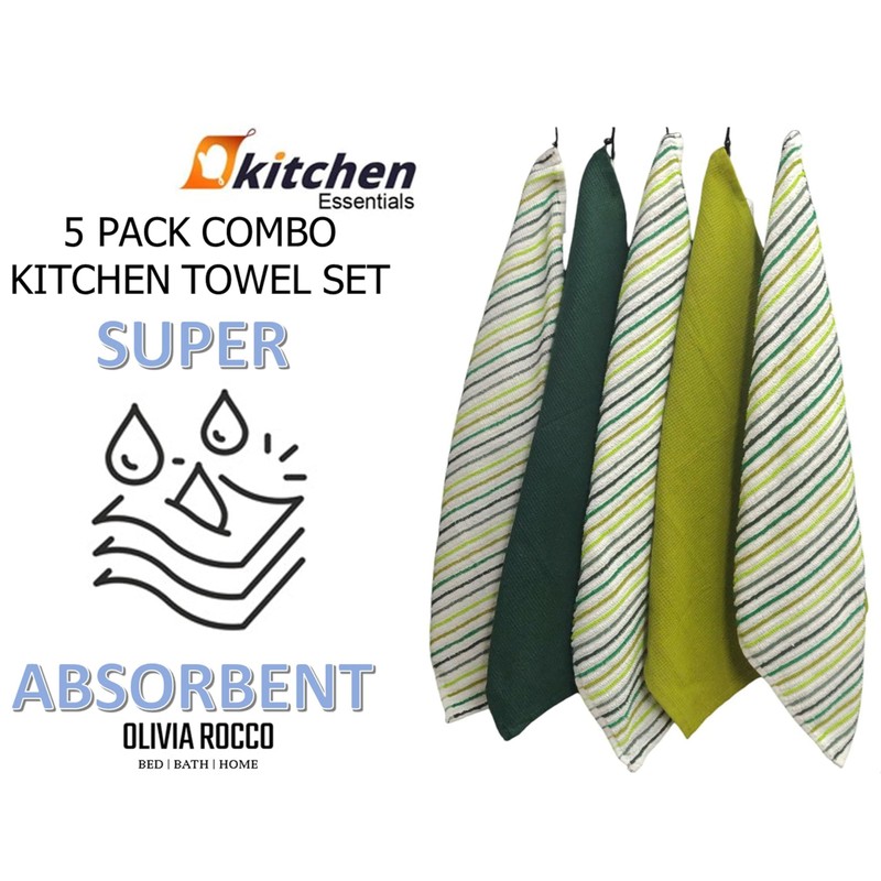 Olivia Rocco 5 Pack Striped Kitchen Tea Towels Cotton Super