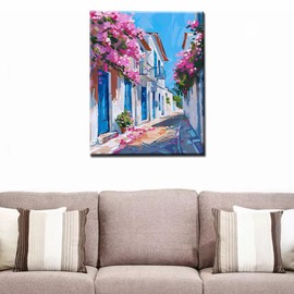 Aihonmin Town Scenery Paint by Numbers Kits Children,Grecian Street Paint by Numbers Beautiful Floral Pictures Painting Art Craft for Home Decor and Gift for Festival DIY Framed 16x20 Inch