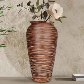 Ceramic Rustic Floor Vase,12" Large Farmhouse Flower Vases for Home Decor,Tall Boho Stain Resistant Decorative Vase for Living Room,Entryway,Office,Shelf,Centerpieces Decor (Goldenbrown)
