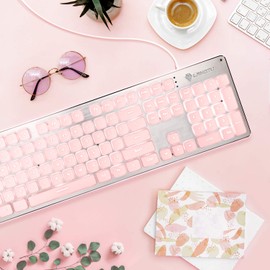 Computer Keyboard, LANGTU Backlit LED Pink Keyboard for Office, All-Metal Panel USB Wired Membrane Keyboard, 25 Keys Anti-ghosting Laptop Keyboard 104 Keysâ¦