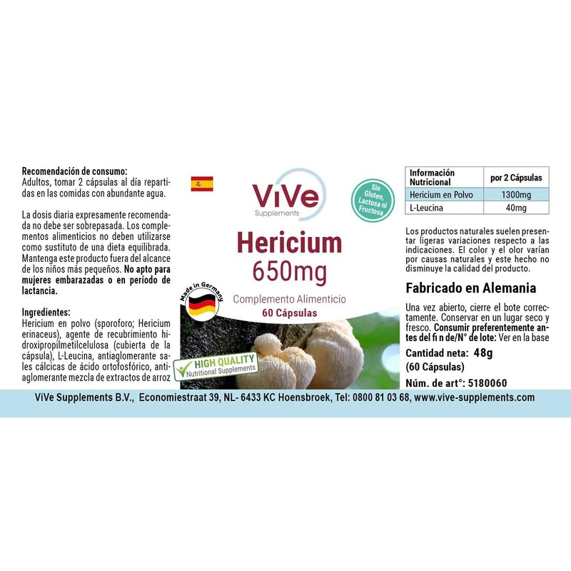 Hericium 650 mg – 60 Capsules Mushroom Powder – Vital