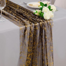 Baoswi 27.5 * 120 Inch Black and Gold Table Runner, Gold Gauze Sheer Chiffon Cheesecloth Runner Sequin Glitter Metallic Foil, Gold Party Table Decorations Centerpiece for Wedding Birthday