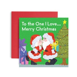 Huxters To the One I Love Christmas Card Father Christmas and Mrs Claus Kissing – 14.8 x 14.8 Square Christmas card for Girlfriend or Boyfriend – Merry Christmas husband and wife Ideal romantic card