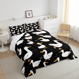 Homewish Cute Duck Full Size Comforter Set,Cartoon Farmhouse Livestock Animal Bedding Comforters Bedroom Collection,Kawaii Goose Hand Drawn Black Bedding Set for Girls Teens