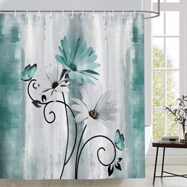 Rustic Farmhouse Shower Curtain, Farm Teal Daisy Floral Flowers and Butterfly on Country Wooden Shower Curtain for Bathroom, Turquoise Blue Bathroom Shower Curtains with 12PCS Hooks