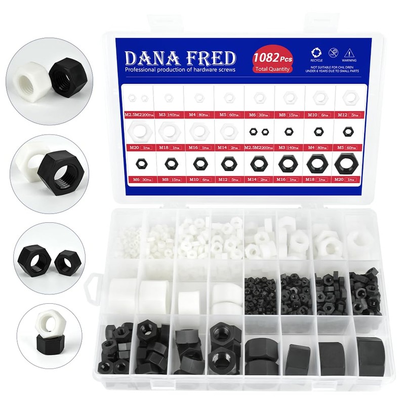 M2-M20 Black White Nylon Hex Nut Assortment Kit Metric Thread