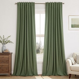 MIULEE Linen 100% Blackout Curtains 84 Inch Length 2 Panels, Olive Green Back Tab Pleat Hook Belt Clip Rings Thermal Insulated Drapes for Bedroom Living Room Black Out Light Blocking Window Curtains