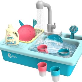 CUTE STONE Play Sink with Running Water, Kitchen Sink with Upgraded Electric Faucet, Play Kitchen , Realistic play set learning cookingset Plastic Toy:_Blue