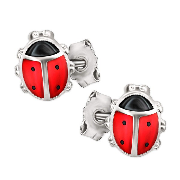 CLEVER SCHMUCK Silver Ladybird Stud Earrings Red Black Painted Back