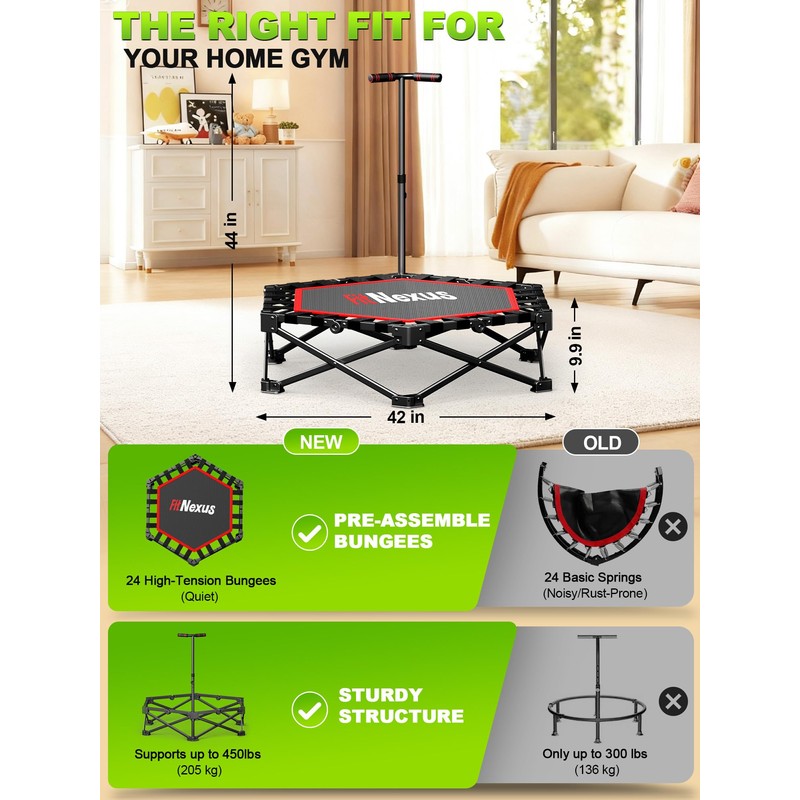 FitNexus 42" Foldable Mini Trampoline- 450lb Capacity Fitness Rebounder w/3-Level