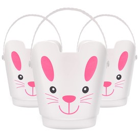 Zcaukya Easter Buckets, Set of 3 Plastic Easter Bunny Baskets with Handles, Empty Plastic Easter Pails for Kids Easter Egg Hunt Party Favors