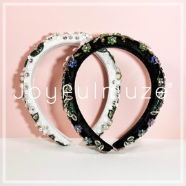 Joyfulmuze Handcrafted Beaded Headband for Women, White Green Gold Floral Design for Bridal and Weddings, Spring and Summer Fashion Headpieces, Gift for Women and Girls (White)