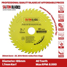 TCT18540TPRO Saxton Professional Range TCT Circular Saw Blade 185mm x 40T x 30mm Bore, 16, 20, 25mm reduction rings Compatible with Bosch Makita Dewalt etc