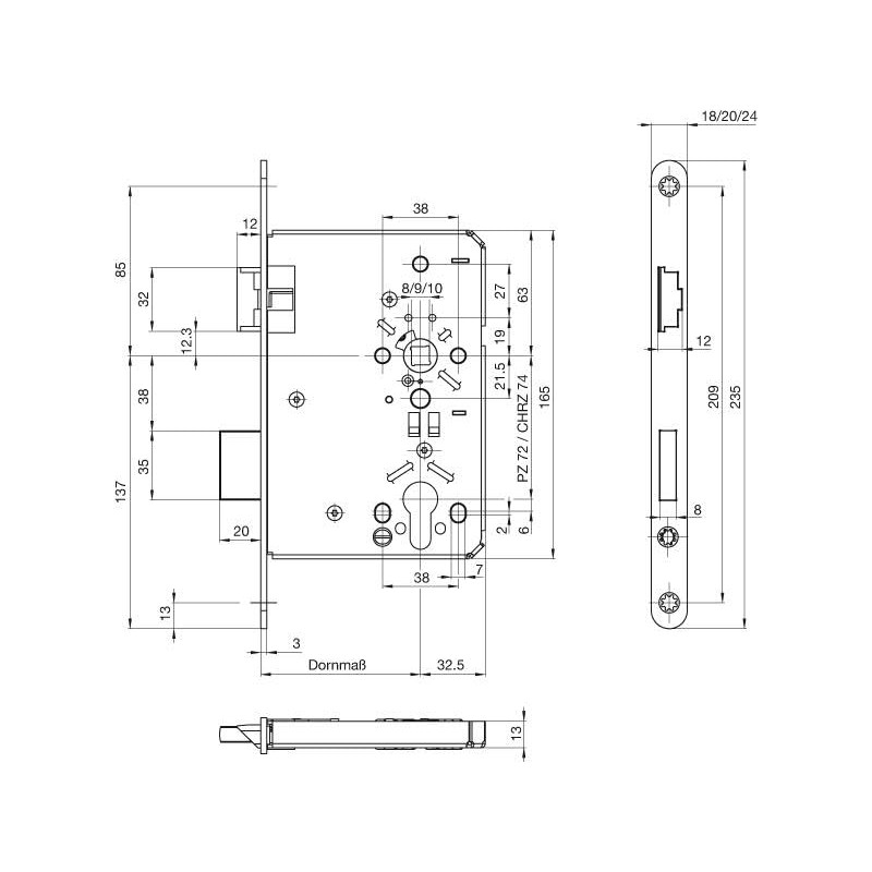 BKS Agency Cylinder Lock Bolt, Right and Left 55 mm