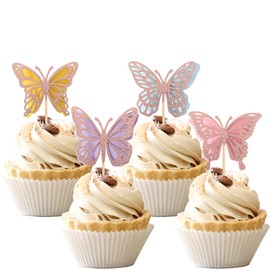 24 piezas de decoración de magdalenas de mariposa montadas en oro rosa con purpurina de doble capa 3D de mariposa para baby shower, magdalenas de alimentos, decoraciones para bodas, aniversarios, niños, fiestas de cumpleaños