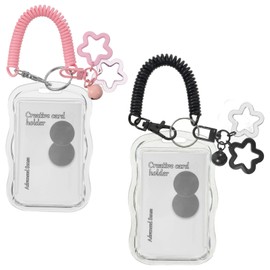 2Pcs Cute Photo Card Holder Keychain, Star Wave Photocard Keychains, Kawaii Clear Photocard Holder, Transparent Photo Keychain Holders for ID Bus Cards Protector Idol Cards Holders (Black, Pink)