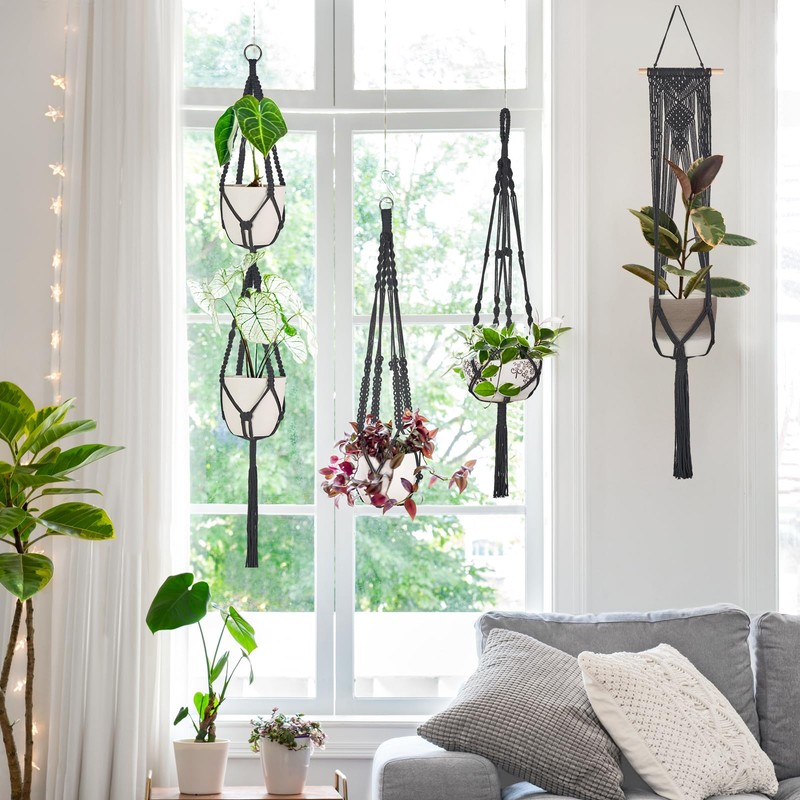 Mkono Macrame Plant Hangers, 5 Pack Different Tiers Indoor Hanging
