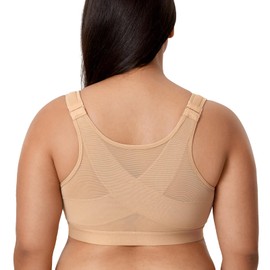 DELIMIRA Women's Front Closure Posture Wireless Back Support Full Coverage Bra Warm Beige 38F