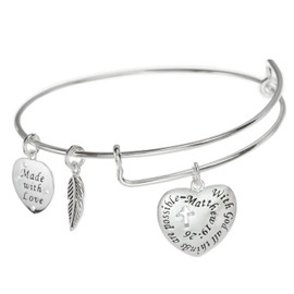 Sterling Silver Christian Cross With God All Things Are Possible Heart Leaf Charm Ajustable Wire Bangle Bracelet