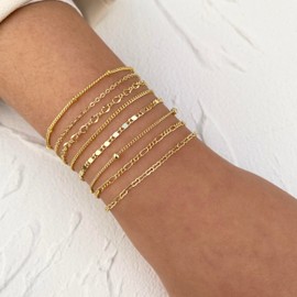 Rotnso Bracelets for Women Trendy 14K Real Gold Plated Bracelets Stack Dainty Jewelry Sets Adjustable Layered Link Chain Waterproof Bracelet Pack Non Tarnish Simple Fashion Gifts 8pcs