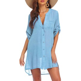 CEEMACE Salida de Playa Mujer Traje de Baño Mujer Cover Up Bikini Blusa de Playa con Botones Mangas Cortas para Piscina Vacaciones