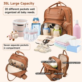 ANWTOTU Leather Baby Diaper Bag with Changing Station,Extra large Capacity Baby Diaper Bag Backpack(Brown)