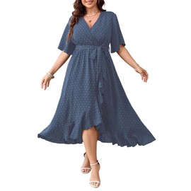 SCOMCHIC Women's Plus Size Summer Dresses Short Sleeve Wrap V Neck Swiss Dot Boho High Low Split Ruffle Maxi Dress Blue