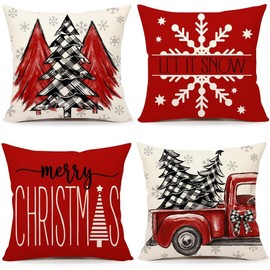 ALINK Red Christmas Pillow Covers 18x18 Set of 4 Farmhouse Christmas Decorations Merry Christmas Tree Truck Hello Winter Holiday Decor Throw Cushion Case for Home Couch
