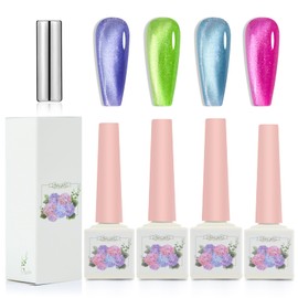 ADHERE Drachenfrucht Serie - Katze Auge UV Nagellack Set with Magnet Nagellack UV Lacke für Nägel Gellack UV Gel Nagellack uv Glitzernd schimmernd Funkeln 12ml 4 Farben Grün Rose Rot Lila Blau