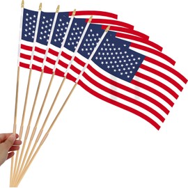 Pack of 12, Handheld American Flags 12x18 Inch - USA Flags on Wooden Sticks, Detachable Flagpole Ground US Stick Flags for Patriotic Parades, Elections, 4th of July, and Memorial Day Decorations