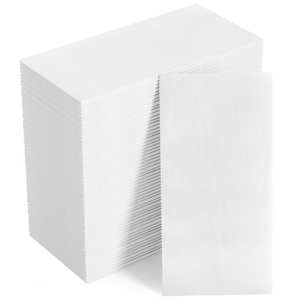 [Pack of 100] FOCUSLINE Disposable Bathroom Napkins, Single-Use Linen Feel Guest Towels, Cloth-Like Paper Hand Towels Soft Absorbent Dinner Napkins For Bathroom, Kitchen, Or Event, White, 12" x 17"
