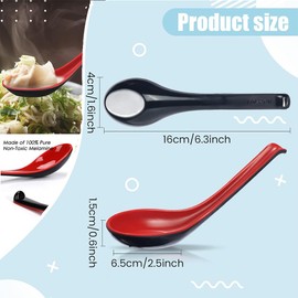 10Pcs Asian Plain Style Soup Spoons,Long Handle Hook Flatware,Chinese Wonton Soup Spoons,Japanese Miso Ramen Spoon, Pho Dumpling Rice Noodle Soba Spoon-Red and Black