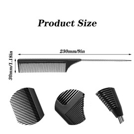 Pin Tail Comb, Rat Tail Combs, Black Carbon Fiber Parting Combs, Anti Static, Teasing Comb for Styling of All Hair Types