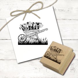Dekolando Motif Stamp Wheelbarrow with Tulips - Stamp Spring Wooden Stamp Garden Spring Motif - Imprint 48 x 38 mm