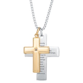 Metro Jewelry Serenity Prayer Double Cross Pendant Necklace with Black Cubic Zirconia in Stainless Steel with Gold Ion Plating on 24 Inches Long Box Chain
