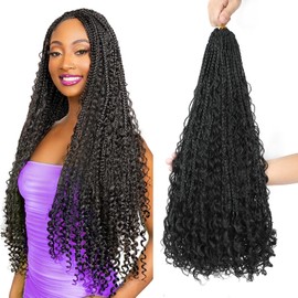 QQPIKHU 24 Inch Boho Crochet Braids 10 Packs Goddess Box Braids Crochet Hair Boho Curl Mix Protein Fiber Close to Human Hair Pre Looped Bohemian Box Braid with Curly Ends for Women Hair Extensions 1B