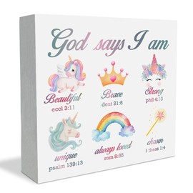 Unicorn Rainbow Girls Room Decor God Says I Am Unicorn Wooden Box Sign, Inspirational Christian Gift for Girl Kids Bedroom Nursery Shelf Desk Table