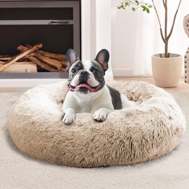 JOLLYVOGUE Calming Dog Bed Large Size Dog, Anti-Anxiety Donut Large Pet Bed, 36 inches Fluffy Faux Fur Round Cat Bed, Fits up to 75 lbs Pets (Cream Brown)