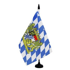AZ FLAG - Table Flag Bavaria with Lion 21 x 14 cm - Small Bavarian Office Flag 100% Polyester with 25 cm Flag Pole and Black Plastic Base