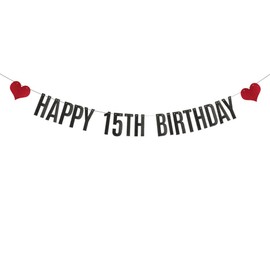ABCpartyland Black Glitter Happy 15th Birthday Banner,15th Birthday Party Decorations Supplies, Pre-Strung,Letters Black,HAPPY 15TH BIRTHDAY