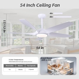 54" Extra Large Ceiling Fan - White Ceiling Fan with Light and Remote,6 Speed Reversible DC Motor, 3 Color LED Indoor/Outdoor Fan Light Fixture for Bedroom, Living Room, Patios