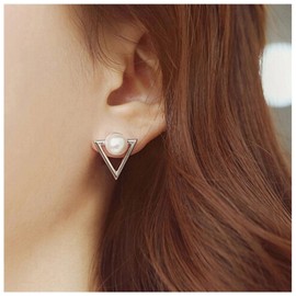 Inilbran Boho Pearl Earrings Silver Triangle Stud Earrings Vintage Pearl Triangle Earrings Geometric Triangle Earrings Jewellery for Women and Girls