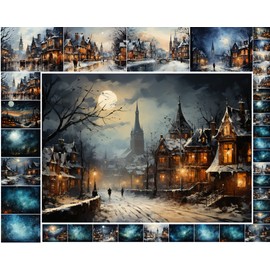 Decoupage Paper Pack (35 Sheets 6"x8") Winter Cold Victorian Villages and Amazing Night Skies Christmas Time FLONZ Vintage Illustration Pictures Cards for Decoupage, Craft and Scrapbooking