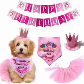 AWOCAN Dog Birthday Bandana Dog Tutu Tulle Tutu Skirt Outfit,Happy Birthday Banner,Crown Hat for Dog Birthday Set Pet Birthday Party Supplies (PINK)