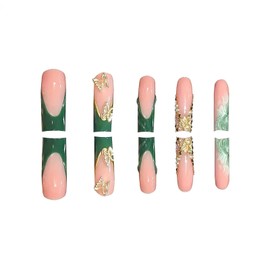RUOKEXIN Long Square Press on Nails Green French Tip Fake Nails Gold Glitter False Nails with Gold 3D Butterfly Designs Long Square Glue on Nails Sparkly Artificial Nails Cute Stick on Nails for Women