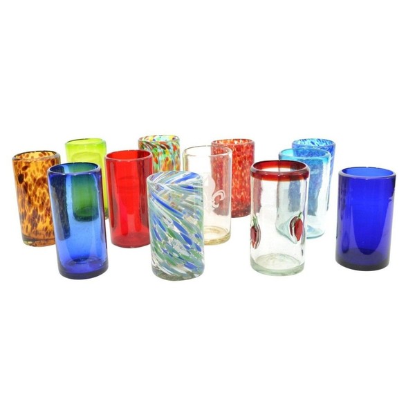12 piece, Ice Tea Party Pack, Mexican Handblown Ice Tea Glasses, Assorted Colors