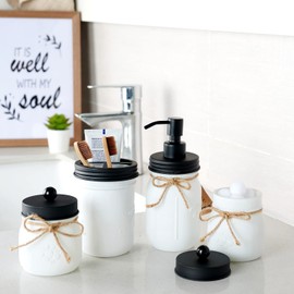 Amolliar Mason Jar Bathroom Accessories Set (4 Pack)—White Retro Lotion Soap Dispenser & 2 Apothecary Jars & Toothbrush Holder- Rustic Farmhouse Restroom, Bathroom Decor Countertop Organizer (Black)