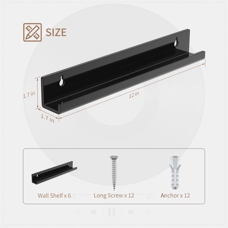 AITEE Vinyl Record Shelf Wall Mount: 6 Pack Acrylic Black