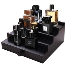 Fengligoo Black Cologne Organizer for Men - 4 Tier Wooden Perfume Display Stand with Drawer and Hidden Compartment for Organizing and Storing, Cologne Holder Shelf for Dresser